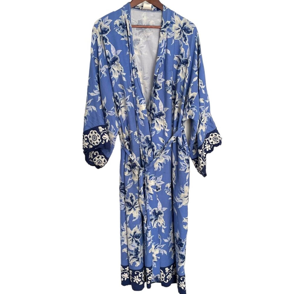 Soft Surroundings Kimono Bath Robe Medium M Blue Floral Belted Tie Front